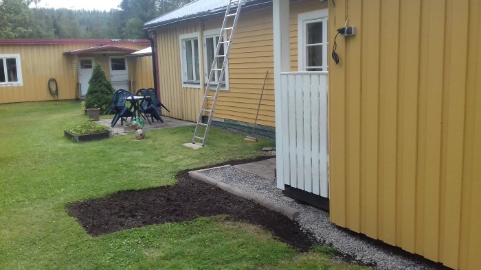 Högt vitt räcke vid ett gulmålat hus för att skydda mot snö, med en stege lutad mot väggen och en hund som inspekterar området.