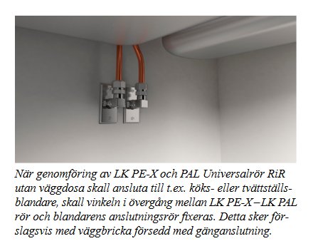 Installationsbild som visar LK PE-X och PAL Universalrör med anslutningar under ett vitmålat tak.