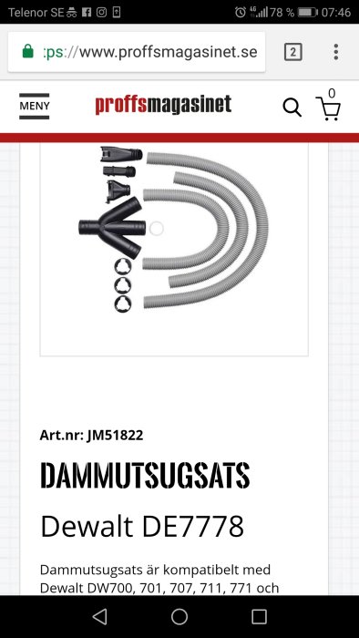 Dammutsugsats för Dewalt sågverktyg bestående av slangar och munstycken.