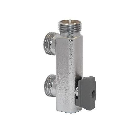 En Vatette T-koppling med kulventil för anslutning av badrumsblandare.