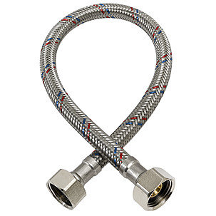 Flexibel anslutningsslang i metall med muttrar på båda sidor för VVS-installation.