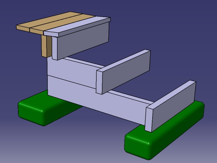 3D-modell som visar en trappkonstruktion med nya ljusblåa och gamla bruna reglar.