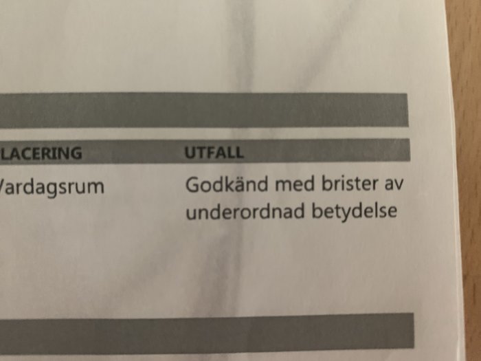 Dokument med text "Godkänd med brister av underordnad betydelse" i en besiktningsrapport.