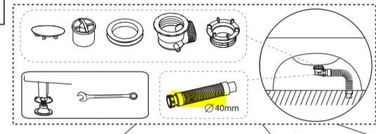 Illustration av flexibelt avloppsrör och andra komponenter för Noro duschkabin, markerat med "Ø40mm".