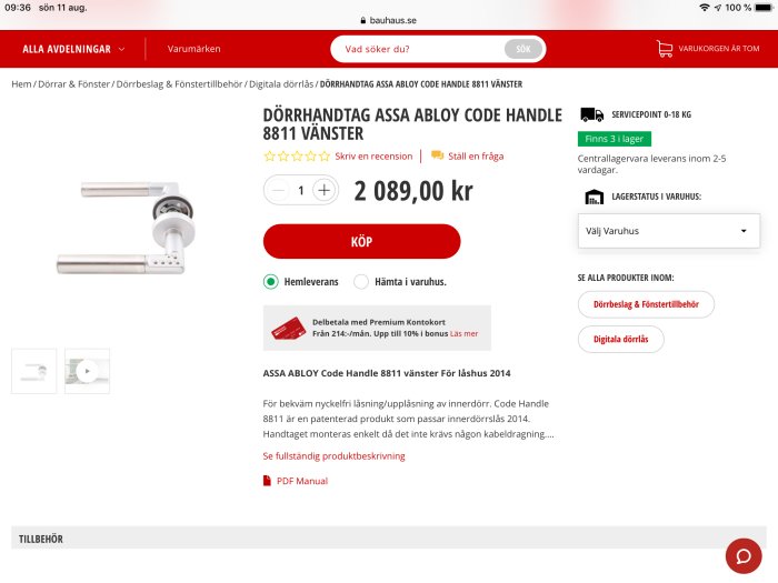 Skärmdump av en webbutikssida som visar ASSA ABLOY Code Handle 8811 vänster, prissatt till 2089 kr.