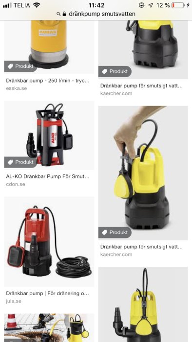 Olika modeller av dränkbara pumpar avsedda för smutsigt vatten, perfekta för grus- och sandridbanor.