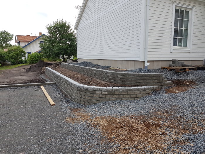 Nybyggd stödmur av gråa stenblock mellan två grusområden vid ett vitt hus.