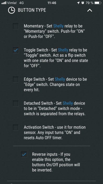 Skärmdump av inställningar för en Shelly-relä med val för knapptyp, inklusive växel- och ögonblicksbrytare.