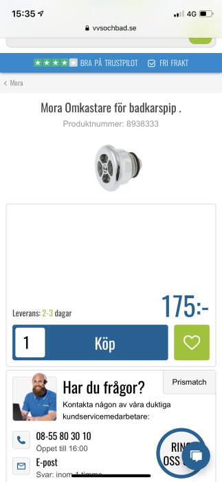 Mora omkastare för badkarspip från en webshop, med produktnummer och prisangivelse.