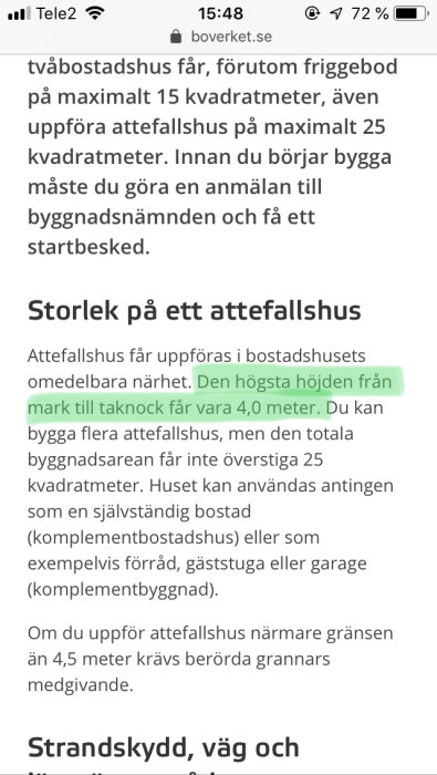 Skärmdump av Boverkets webbsida med text om att högsta höjden för ett attefallshus är 4,0 meter från mark till nock.