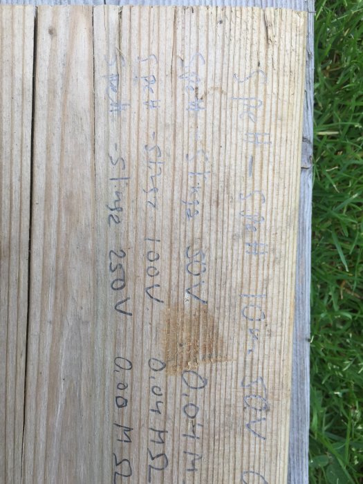 Handskrivna anteckningar om meggningsresultat på en träplanka mot en gräsbakgrund.