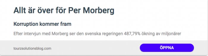 Reklambanner med text "Allt är över för Per Morberg - Korruption kommer fram" och en länkknapp som säger "ÖPPNA".