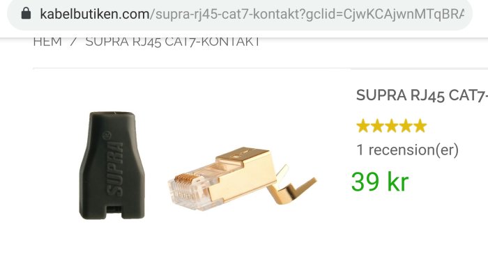 Guldförgylld Supra RJ45 CAT7-kontakt mot vit bakgrund, visas på en webshop-sida.