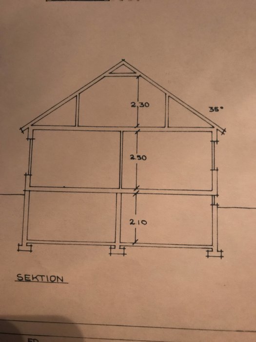Ritning av en sektion av en byggnad med måttangivelser och en vinkel på 35 grader.