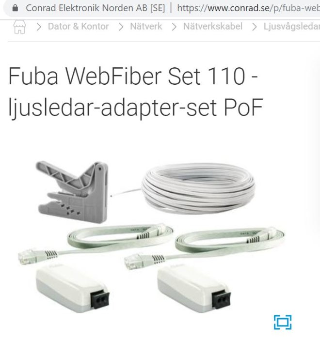 Fuba WebFiber Set 110 ljusledar-adapter-set PoF inkluderar en fibersax, rulle med vit kabel och två vita adaptrar.