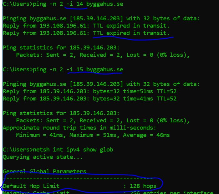 Skärmdump av kommandotolken som visar ping-kommandon med olika TTL-värden och resultat av nätverkstest.