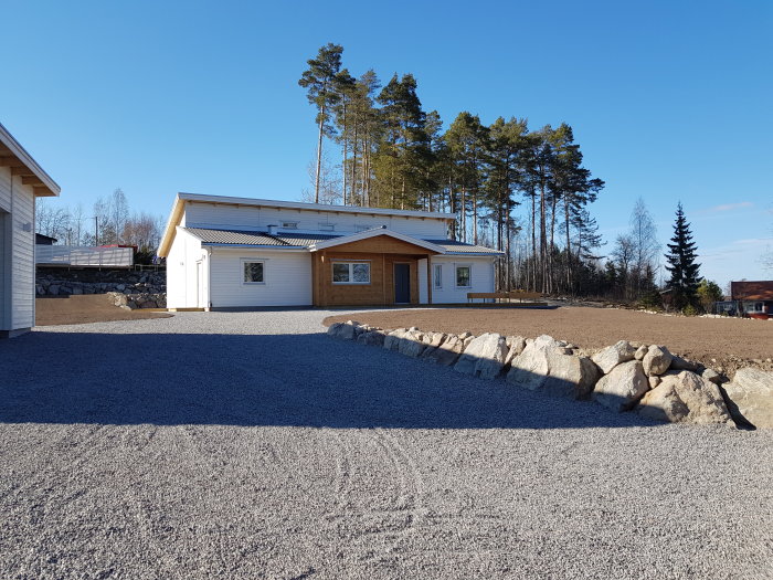 En vit enplansvilla utan skärmtak över ytterdörren, grusuppfart i förgrunden och skog i bakgrunden.