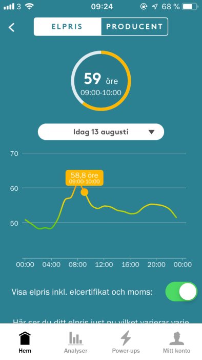 Skärmdump från app som visar aktuellt elpris och statistik för en dag med graf och siffror.