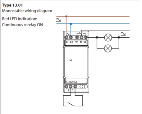 Schematisk ritning av en monostabil kopplingsprincip för ett relä med LED-indikering och symboler för elkomponenter.