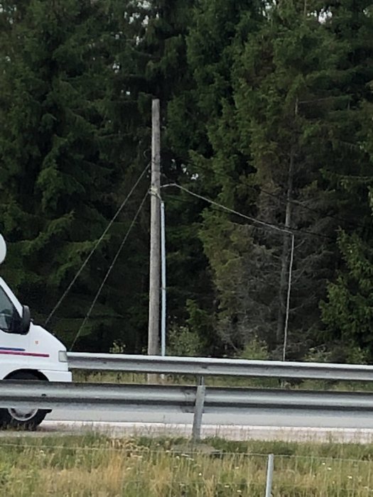 En luftledning kommer upp från marken och går in i skogen, synlig bakom en väg och ett passerande fordon.