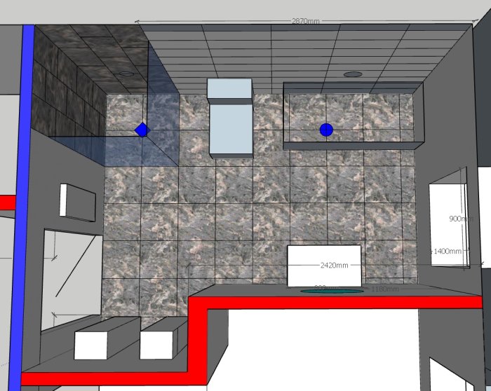 3D-modell av ett badrumsplan med märtta ytor, möblering och grå klinker.