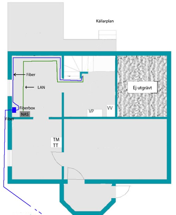 Ritning över källarplan med markerade fiberinstallationer och position för fiberboxen.