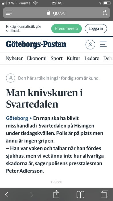 Skärmdump av Göteborgs-Postens nyhetsartikel med rubriken "Man knivskuren i Svartedalen".