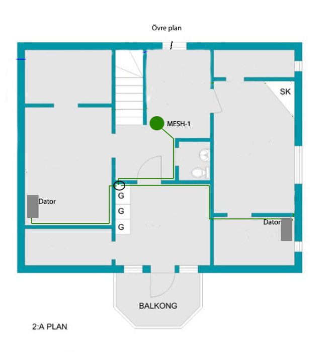 Ritning över våningsplan med markerade LAN-ethernetkablar och placering av datorer samt en Mesh-enhet.