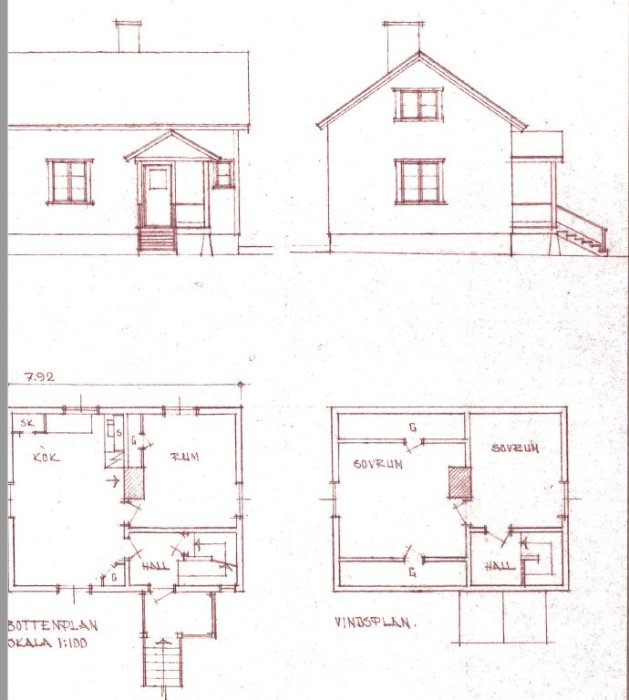 Gamla skannade ritningar av ett hus med fasadvyer och planlösningar för bottenvåning och vind.
