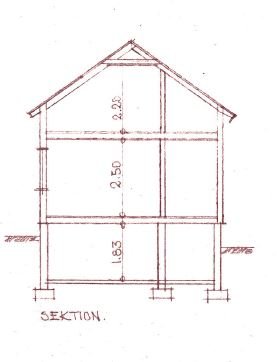 Gammal handritad sektionsritning av en byggnad med måttangivelser.