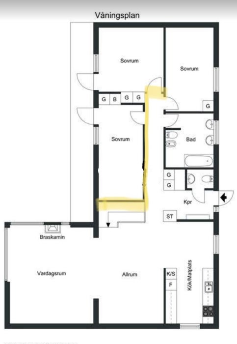 Svartvit planritning av ett hus med markerade rum som sovrum, badrum och vardagsrum.