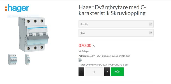 Hager dvärgbrytare med C-karakteristik och skruvkoppling för enklare installation, visas med prisinformation.