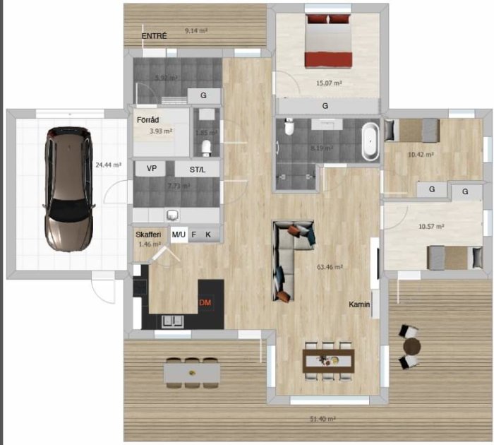 Översiktsplan av ett hus med öppen planlösning mellan vardagsrum och köksö, samt bil i garage.