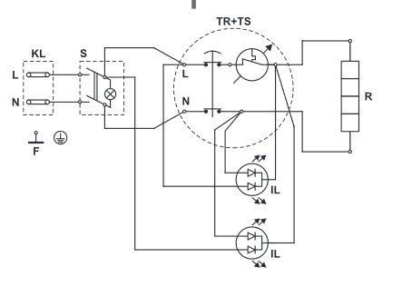 Elektriskt schema över en vattenberedare med stickkontakt, värmeelement och termostat.