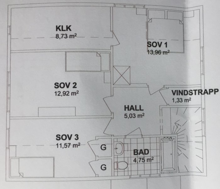 Ritning av övervåning med markerad vindstrapp, sovrum och klädkammare.