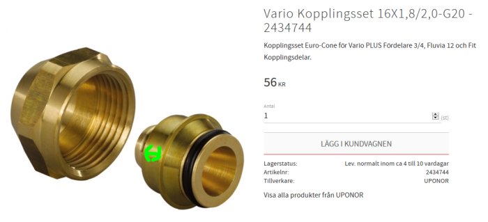 Mässingskoppling med två separata delar och grön markering vid instick där slangen ansluts.