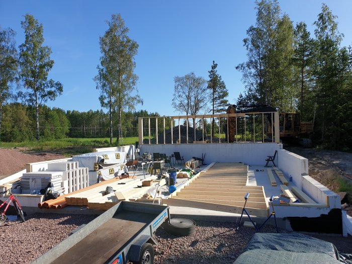 Byggplats med delvis uppförda husväggar, material, verktyg och en grävmaskin i bakgrunden.