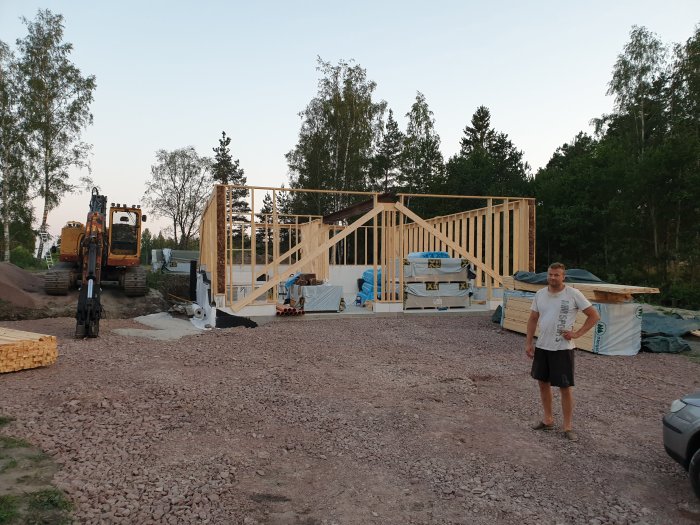En person står framför en pågående husbyggnation med trästomme och grävmaskin i bakgrunden vid skymning.