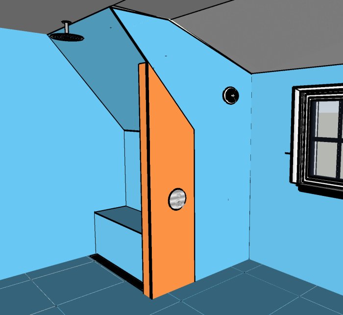 3D-modell av ett blått badrum med förberedd orange vägg för inbyggnadsblandare och skvallerrör.