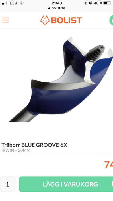 Close-up av en IRWIN 20mm Blue Groove 6X träborr på en webbsida.