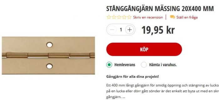 Stånggångjärn av mässing som mäter 20x400 mm avsett för luckor och skåp.