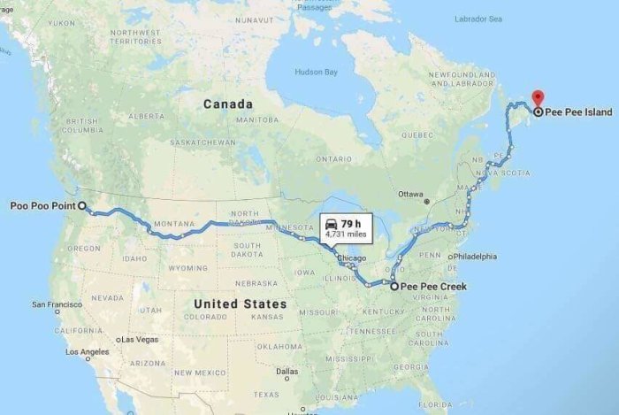 Karta som visar en rutt från Poo Poo Point till Pee Pee Creek och Pee Pee Island.