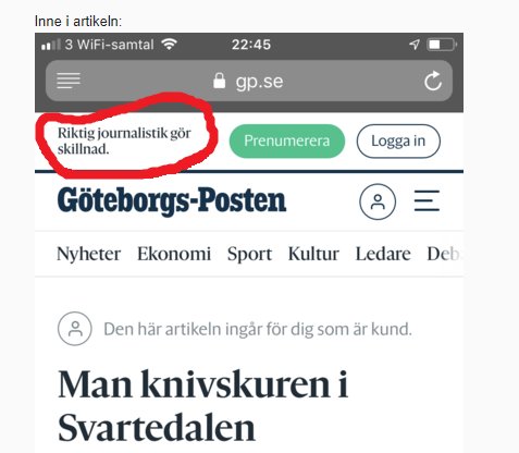 Skärmdump av en diskussion med markerad text "Riktig journalistik gör skillnad." på Göteborgs-Postens webbplats
