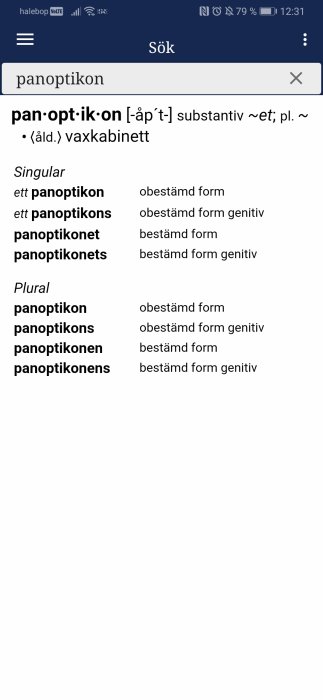 Skärmdump av en ordlista som visar ordet "panoptikon" och dess böjningsformer på svenska.