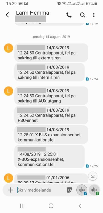 Skärmavbild av larmhistorik med felmeddelanden efter åskskada på säkerhetssystem.