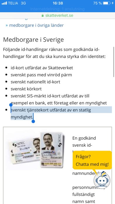 Skärmdump från Skatteverkets webbplats som visar lista på godkända id-handlingar och exempel på svenska provkort.