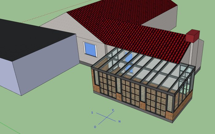 Skiss i 3D av ett uterum i anslutning till ett hus, med transparent tak, tegelmur och flera fönster och dörrar.