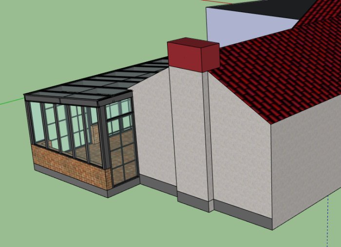 Skiss i 3D av ett planerat uterum med glasväggar och tegelmur, anslutet till en husvägg med rött tegeltak.