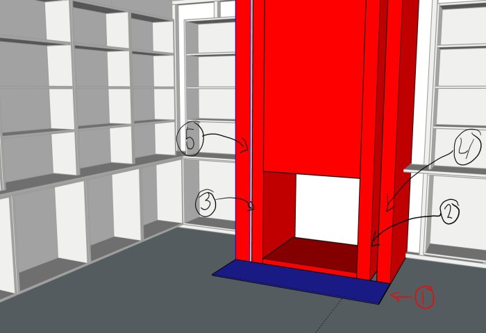 3D-modell av rum med plan för öppen spis och sidomurar markerade med nummer för konstruktionsfrågor.