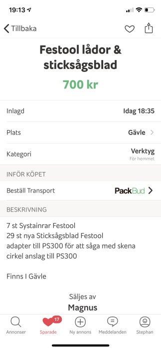 Skärmdump av annons för Festool lådor och sticksågsblad till salu i Gävle.